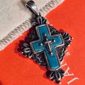 NEW JAMES AVERY RETIRED 3D FOLK CROSS TURQUOISE PENDANT. Not worn circa pre2000